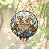 Bunny Couple Stained Glass Suncatcher Floral Rabbit Window Panel Spring Garden Animal Decor Easter Gift for Her
